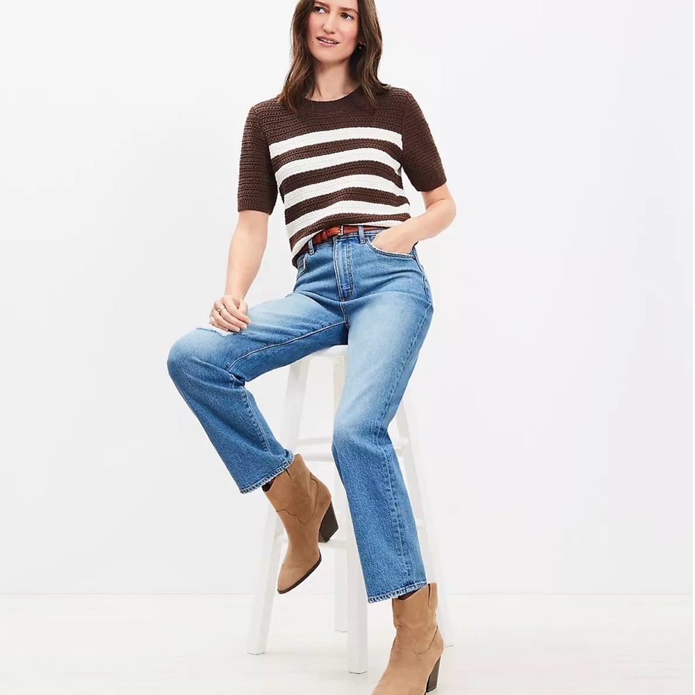 Loft Destructed High Rise Straight Jeans In Dark Vintage